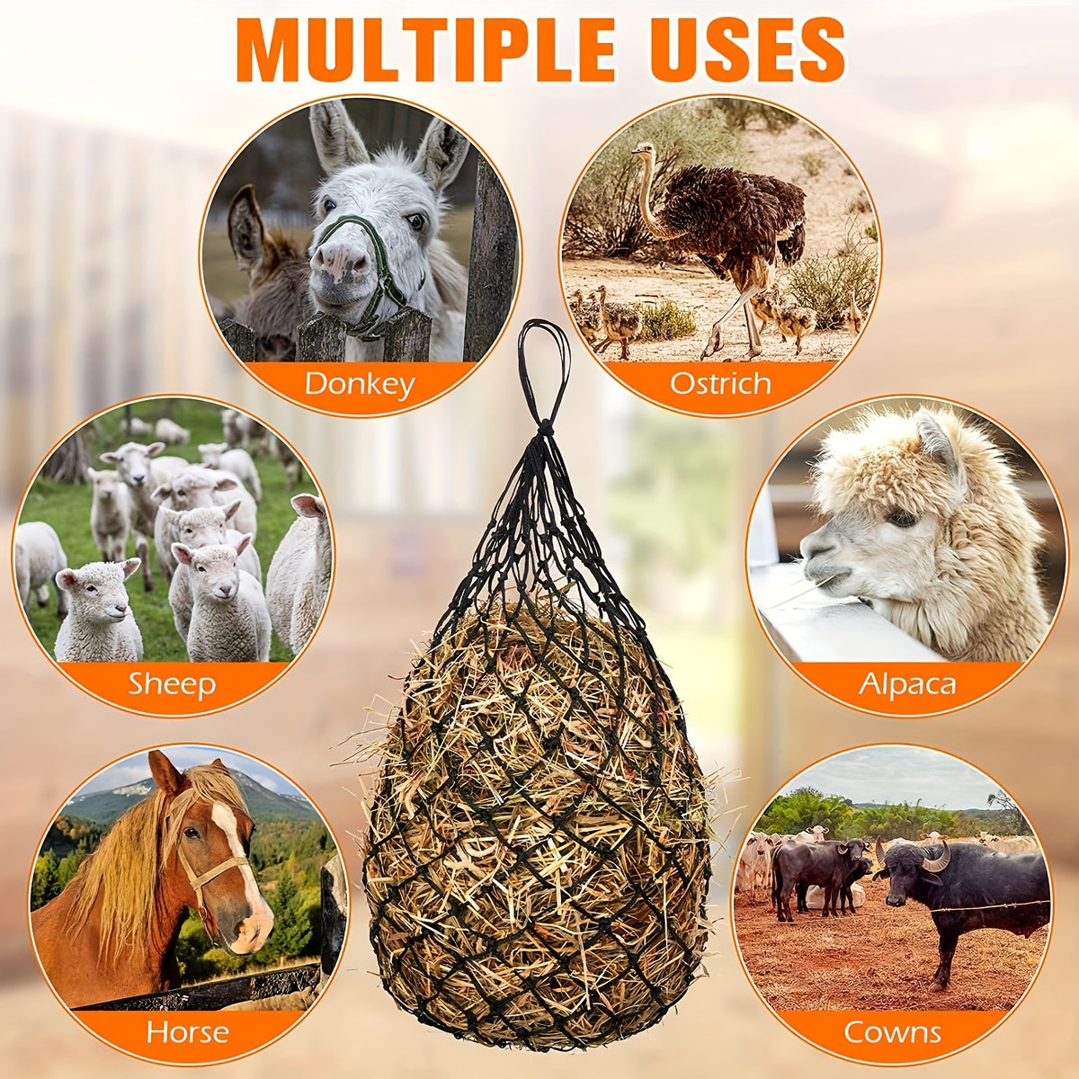 Horse Hay Nets 2 Pack, 40-Inch Slow Feed Hay Bags with 2-Inch Holes for Horses, Sheep and Donkeys, Black or Red Feeding Net Options