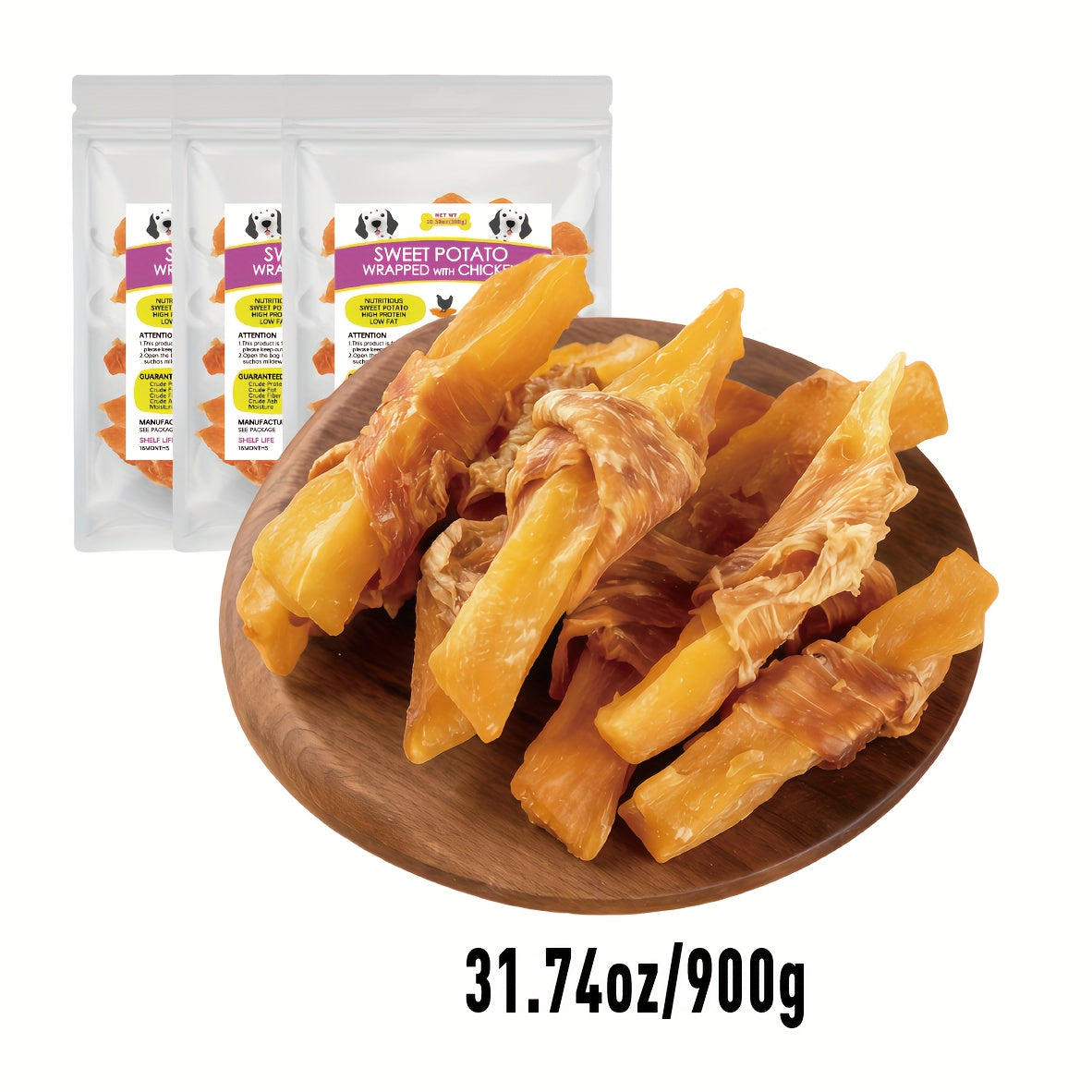 Chicken Wrapped Sweet Potato Dog Treats, 300g, 600g or 900g Chewy Snack Wraps for Supervised Reward Time and Dog Lover Gift Baskets