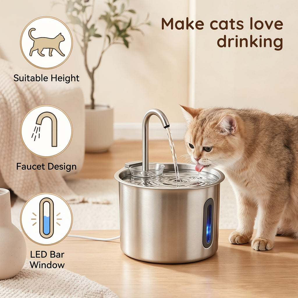 Cat Water Fountain with Filter and Sponge Bundles, 74oz 2.2L Stainless Steel Drinking Dispenser with Water Level Window for Indoor Cats and Small Dogs