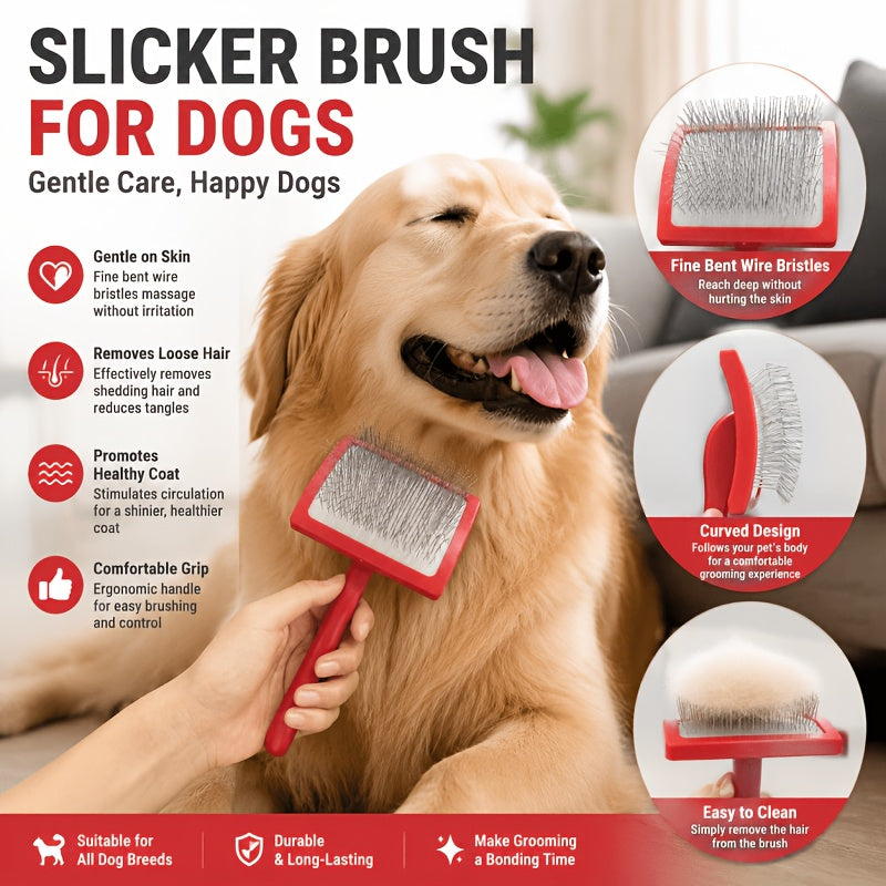 Dog Slicker Brush Set with Extra-Long Pins and Ergonomic Red Handle for Goldendoodles, Labradoodles and Poodles, Thick Coat Grooming and Loose Fur Care