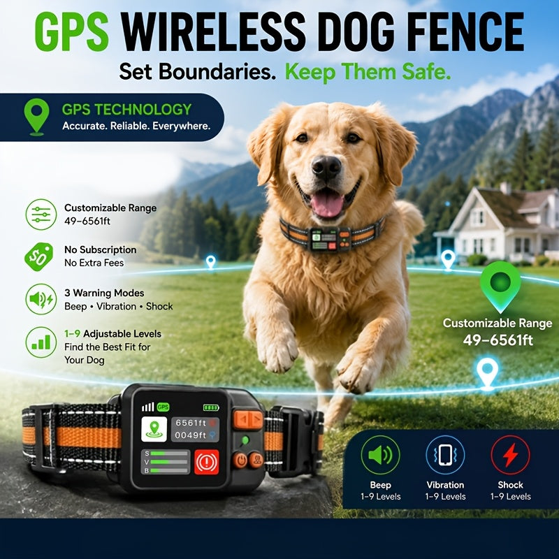 Wireless GPS Dog Fence with Circular Boundary Mode, Orange Rechargeable Dog Collar System for Supervised Outdoor Yard Training, No Buried Wires