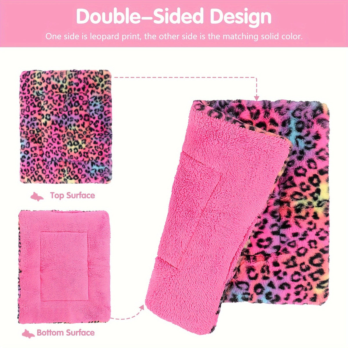 Reversible Dog Crate Mat with Leopard Print, Machine Washable Plush Pet Sleeping Pad for Dogs and Cats, Foldable Fleece Cushion in S to XL
