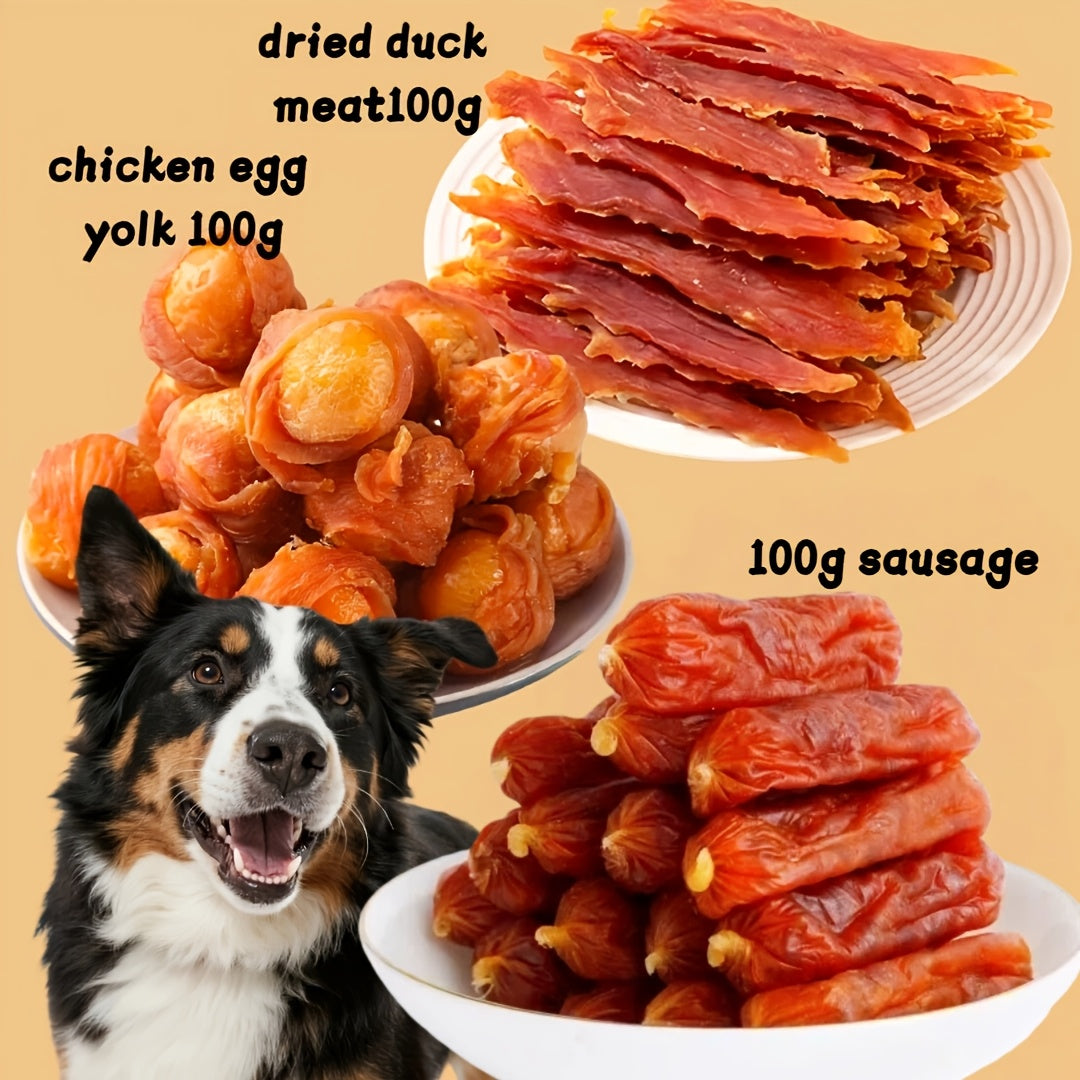 Dog Snack Variety Selection with Chicken Liver, Duck Jerky, Beef Cubes and Sweet Potato Donut Options for Supervised Training Rewards