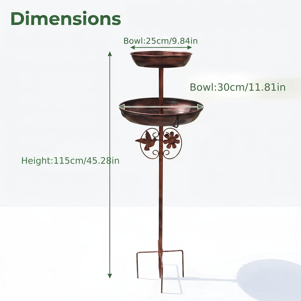 Sunflower Metal Bird Bath and Feeder with 5-Prong Ground Stake, Bronze Garden Basin with Hummingbird Accent, Single or Double-Layer Options, No Fountain