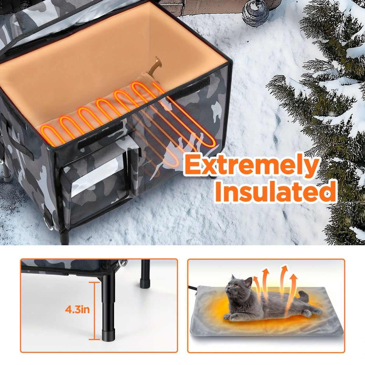 Outdoor Cat House with 900D Oxford Cloth, Gray Six-Layer Insulated Cat Shelter with Heated Plush Mat for Outdoor, Stray and Barn Cats