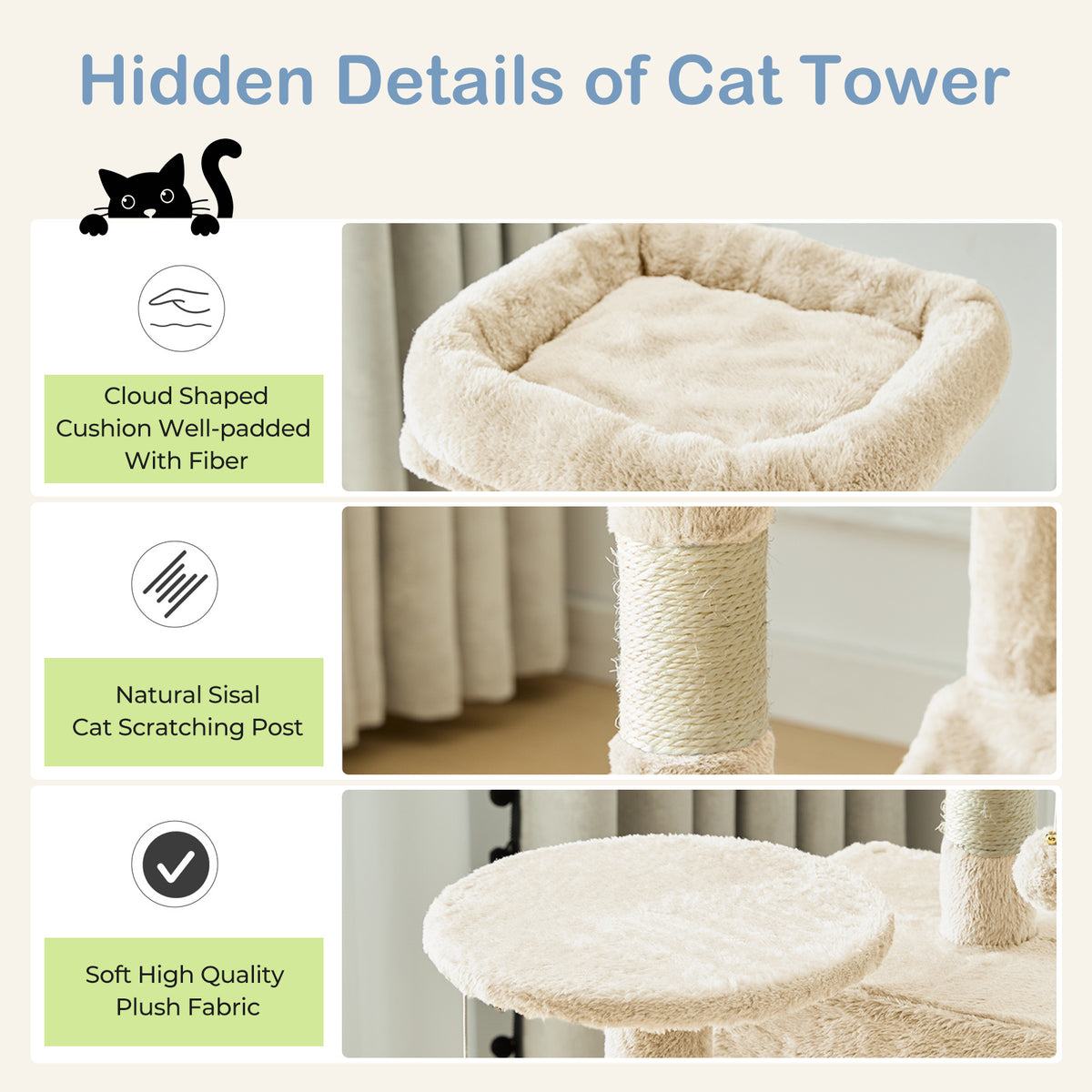 Cat Tree Tower with Condo and Hammock, Sisal Scratching Posts and Perches for Indoor Cats, 44-Inch Colors Plus 44/54-Inch Holiday Options