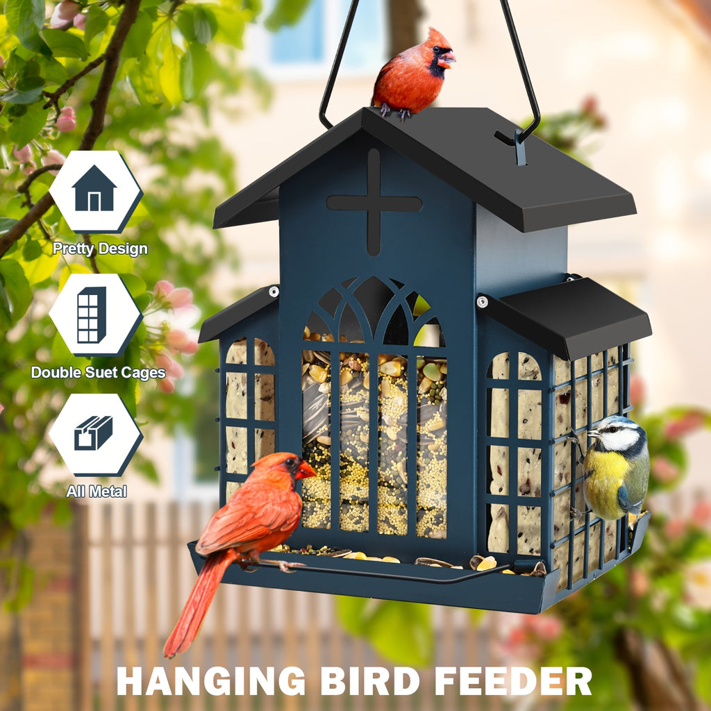 Vintage Metal Bird Feeder for Outside, Triple Mesh Seed Feeding Areas with Hanging Chains and Decorative Window Cut-Outs for Backyard Birdwatching