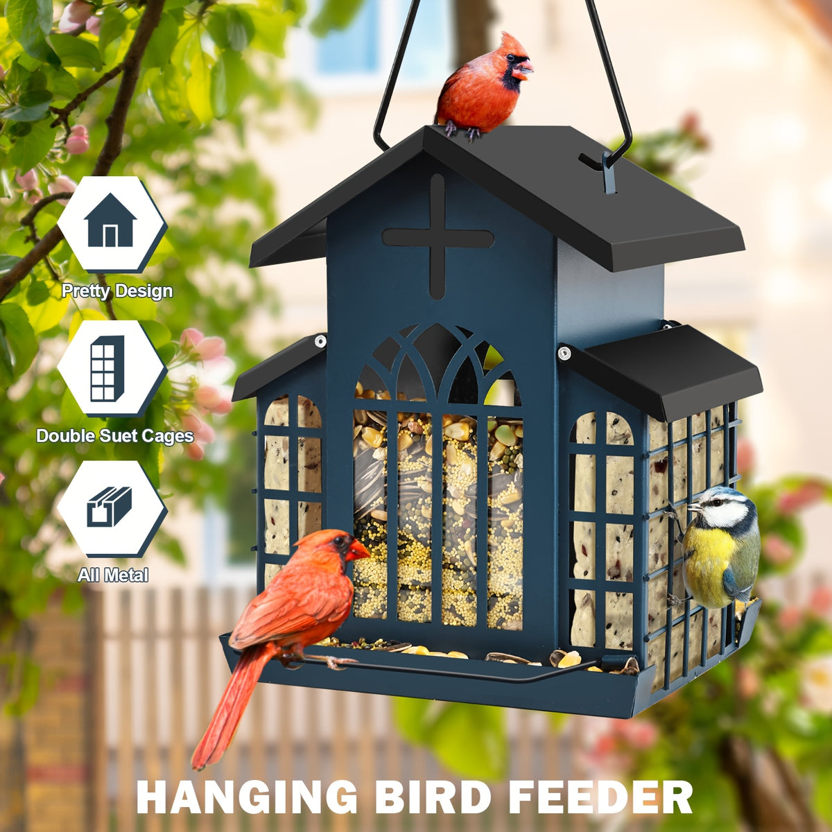 Vintage Metal Bird Feeder for Outside, Triple Mesh Seed Feeding Areas with Hanging Chains and Decorative Window Cut-Outs for Backyard Birdwatching