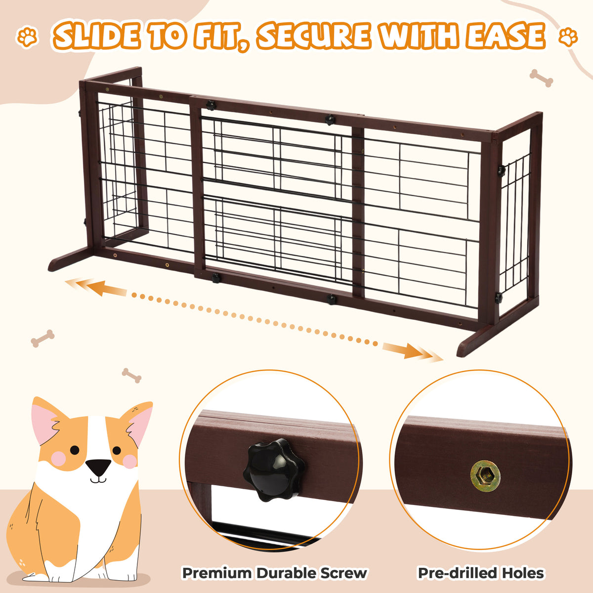 Wood Dog Gate with Sliding Width Adjustment, 38–71 Inch Freestanding Pinewood Pet Barrier with Wide Support Base for Indoor Doorways and Hallways