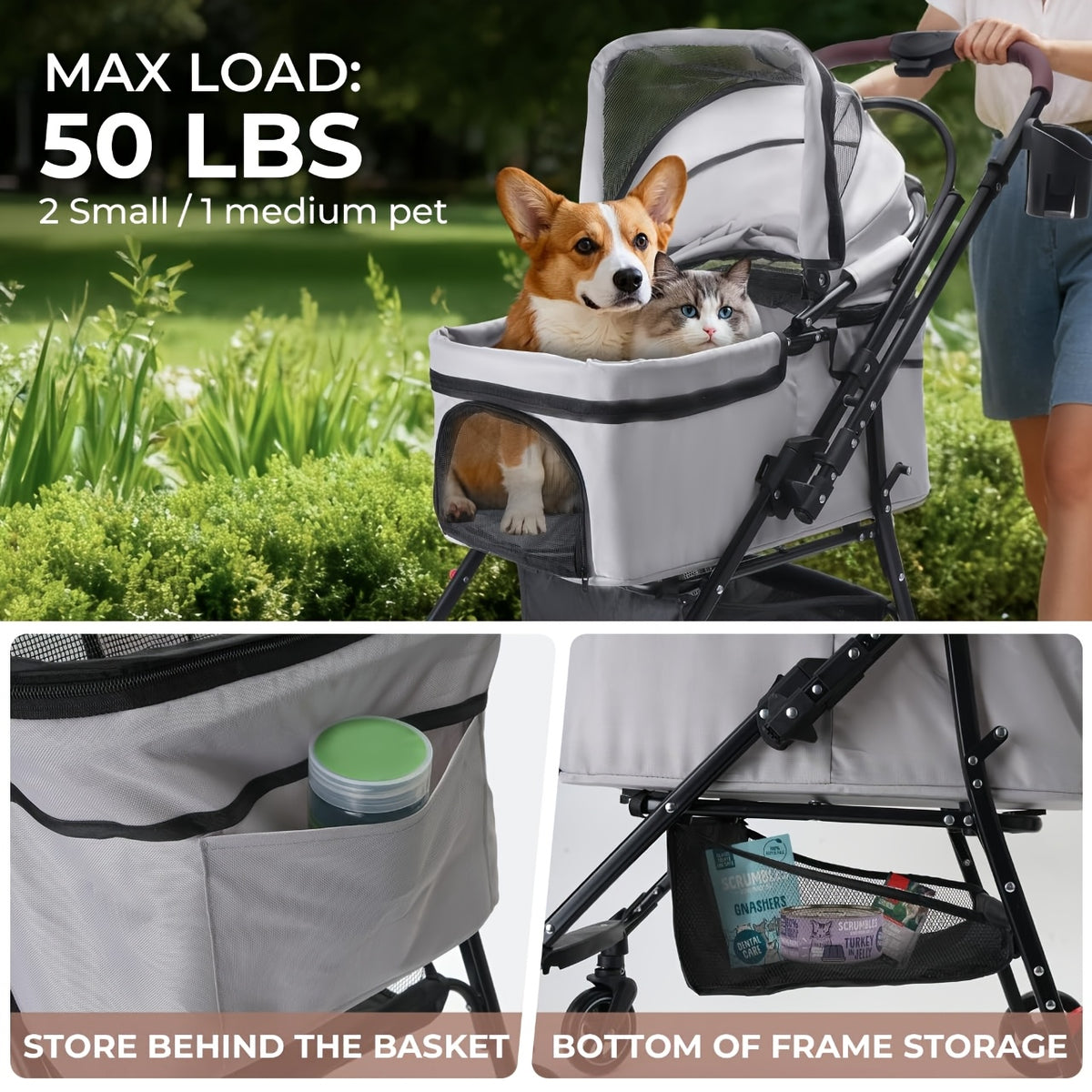 Convertible Pet Stroller with Removable Carrier, Foldable Dog and Cat Pushchair with Mesh Canopy, Storage Basket and Cup Holder in Four Colors