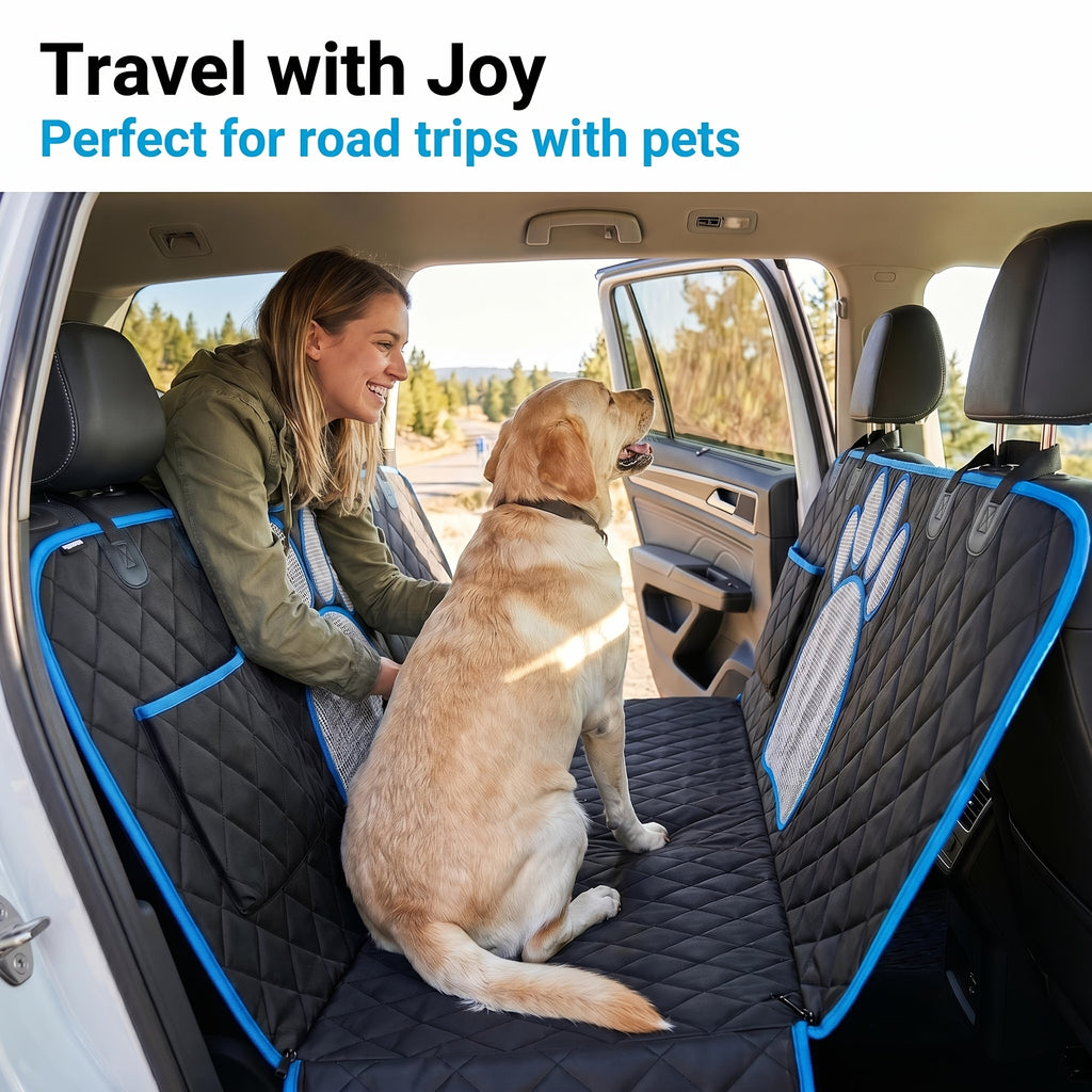 Mesh Dog Car Hammock Seat Cover, Anti-Slip 600D Heavy-Duty Rear Seat Protector for Pet Travel in Sedans, Trucks and SUVs, Blue or Black Trim