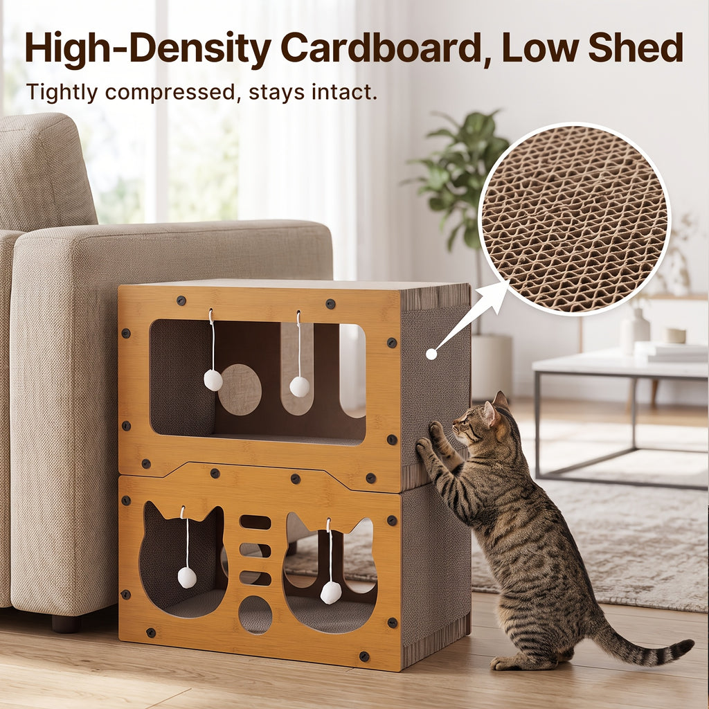 Cardboard Cat House with Scratching Board and Pompom Toy, Indoor Cat Hideout Bed for Scratching and Resting, Single or Double Layer Options