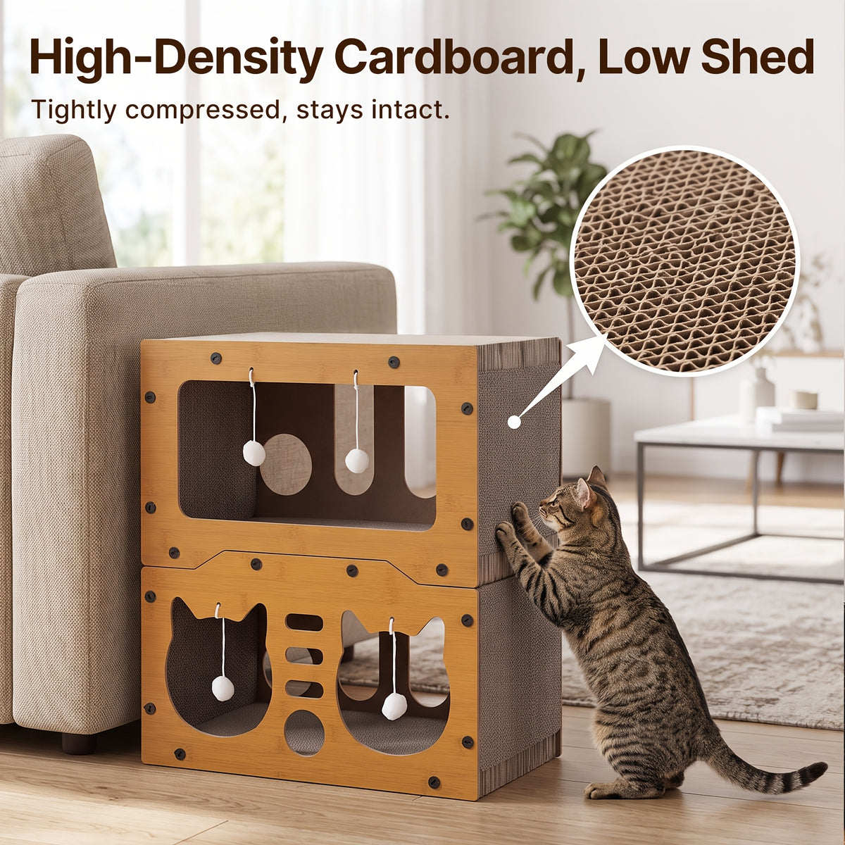 Cardboard Cat House with Scratching Board and Pompom Toy, Indoor Cat Hideout Bed for Scratching and Resting, Single or Double Layer Options