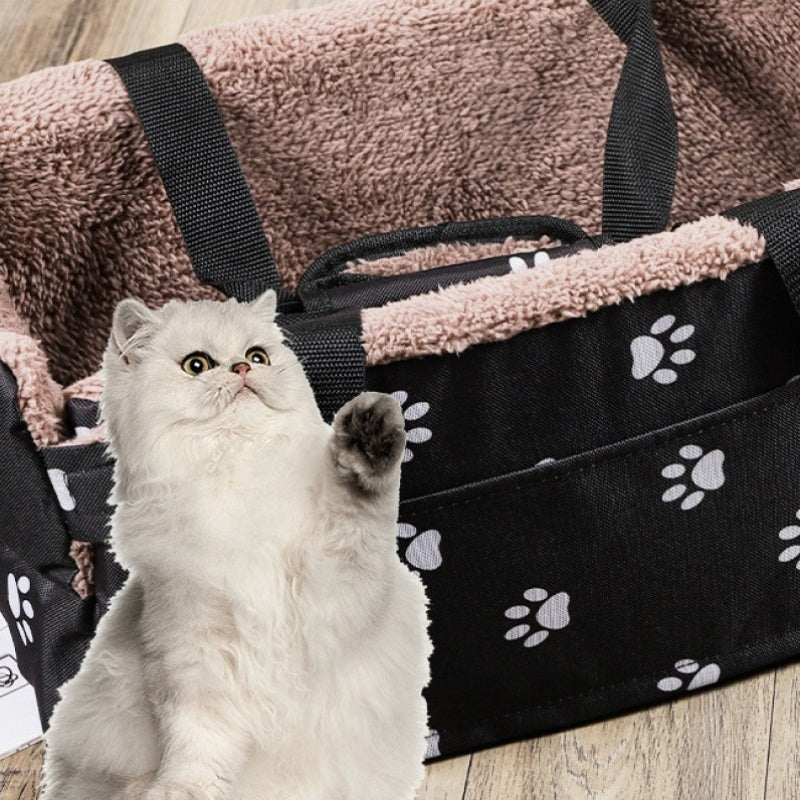 Dog Travel Bed with Plush Paw Print Design, Lightweight Non-Slip Small Dog Sofa with Carry Handles for Cozy Home Rest and Car Travel Setup