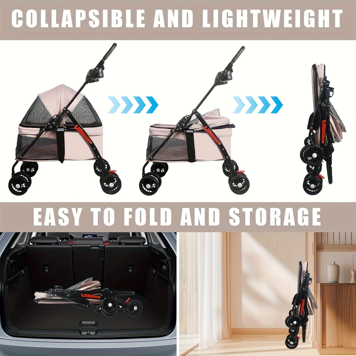 Dog and Cat Stroller in Black, Four-Wheel Pet Pushchair with Foldable Cage, Storage Basket and Cup Holder for Small to Medium Pets