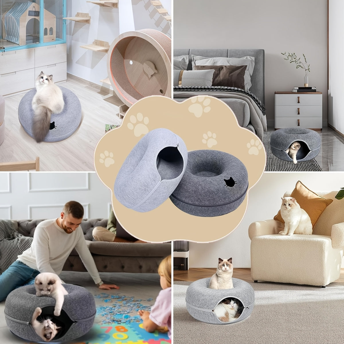 Donut Cat Tunnel Bed for Indoor Cats, Round Hideaway Nest with Pom-Pom Toys, 20 or 24 Inch Cat Cave in Light Gray or Dark Gray