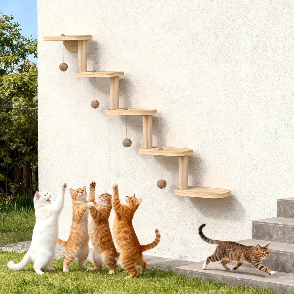 Cat Wall Climbing Frame with 3 or 5 Levels, Solid Wood Wall-Mounted Cat Furniture for Indoor Scratching and Play, Optional Hammock Combination