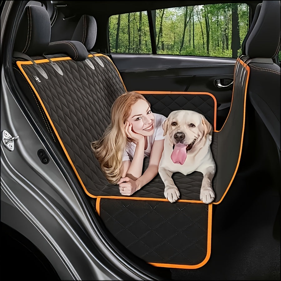 600D Dog Car Seat Cover, Foldable Padded Back Seat Hammock and Cargo Liner with Headrest Anchors for Cars, SUVs and Trucks, Black or Orange Trim