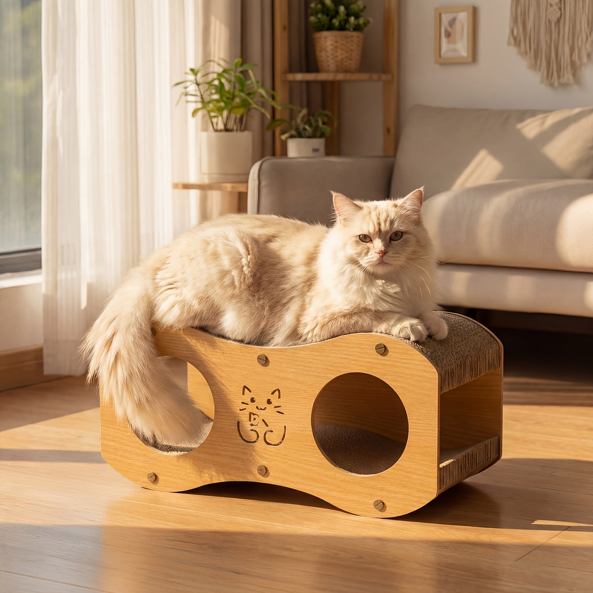 Cat Scratching Post with Integrated Bed and Woven Scratch Pad, Indoor Cat Lounging and Play Furniture with Cat Toy, Oak or Walnut Color Options