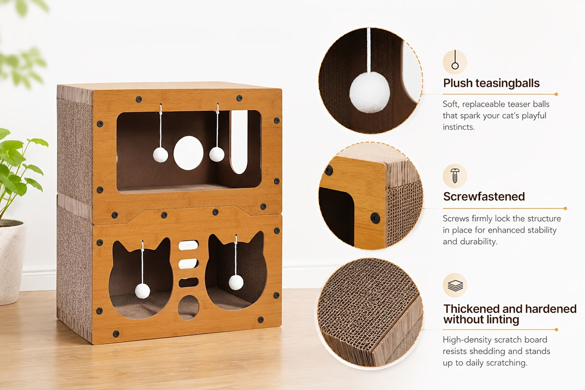 Cardboard Cat House with Scratching Board and Pompom Toy, Indoor Cat Hideout Bed for Scratching and Resting, Single or Double Layer Options