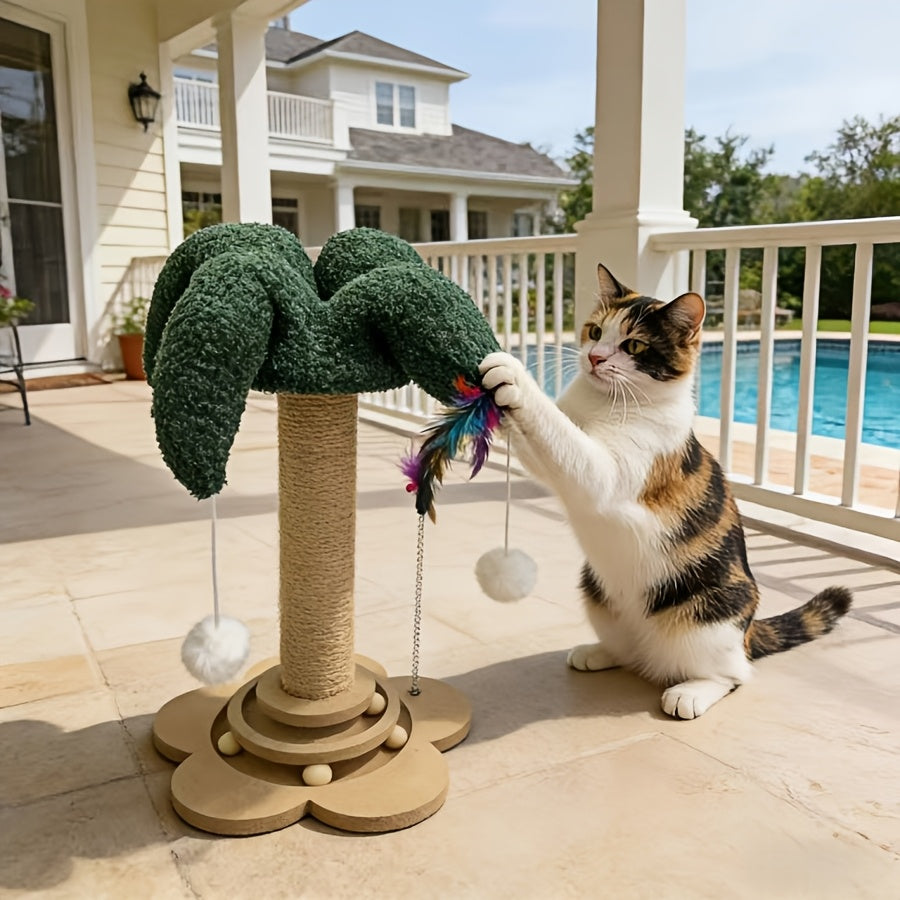 Sisal Cat Scratching Post with Clown Hat Design, Vertical Indoor Cat Scratcher with Random-Color Teaser Stick in Green or Dark Green