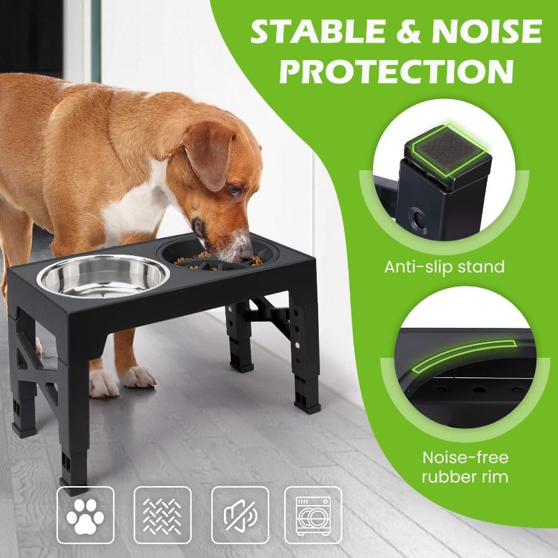 Adjustable Raised Dog Bowl Set with 5 Height Settings, 2 Stainless Steel Bowls and 1 Slow Feeder for Small to Large Dogs, Black or Gray