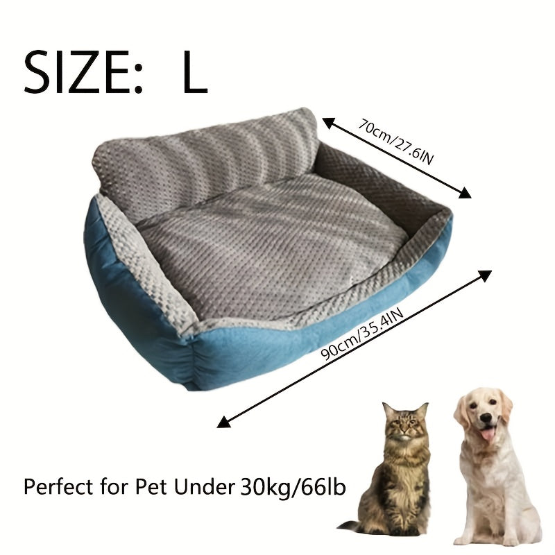 High Back Dog Sofa Bed with Plush Textured Cushion, Blue and Gray Bolster Pet Couch in Four Sizes for Small to Large Dogs and Cozy Indoor Rest
