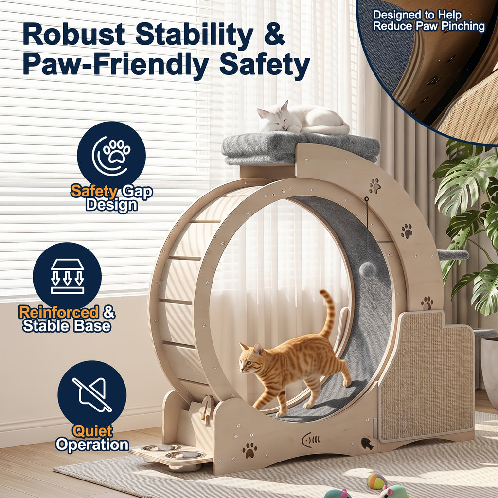 Cat Running Wheel for Indoor Exercise, Quiet Large Cat Treadmill with Stable Base in Wood Color for Daily Activity and Interactive Play