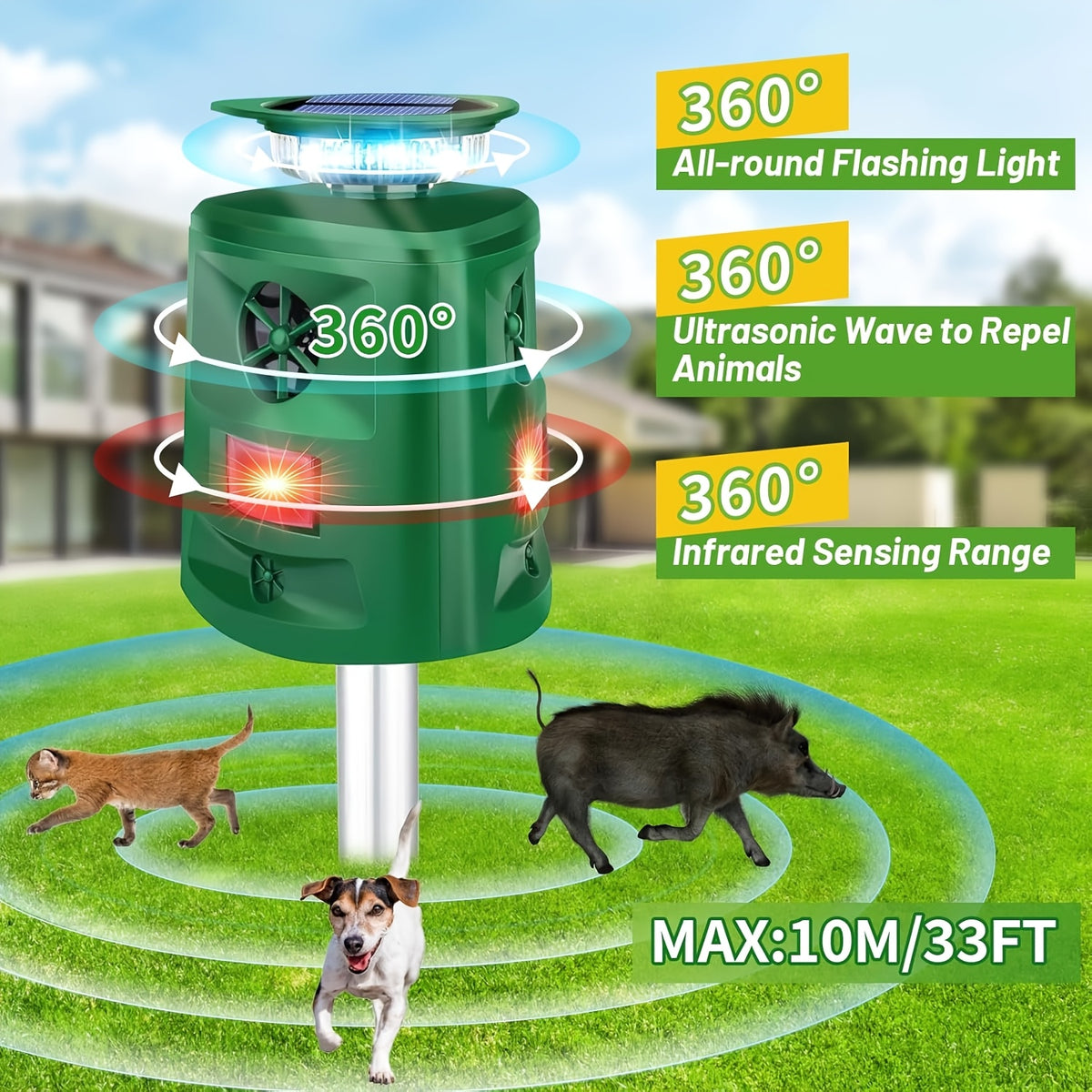 Solar-Powered Ultrasonic Outdoor Animal Sensor with 360° Motion Detection & LED Flashing Lights, Animal Activity Sensing Device for Yards, Farms, Chicken Coops, Homes, Villas & Barns, Dark Green