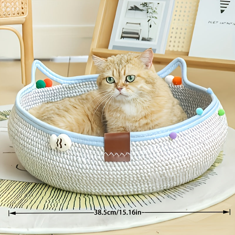 Woven Cat Scratcher Bed with Integrated Cat Nest, Rattan Weave Pet Lounger for Indoor Scratching, Rest and Play, Green or Blue for Cats and Small Dogs