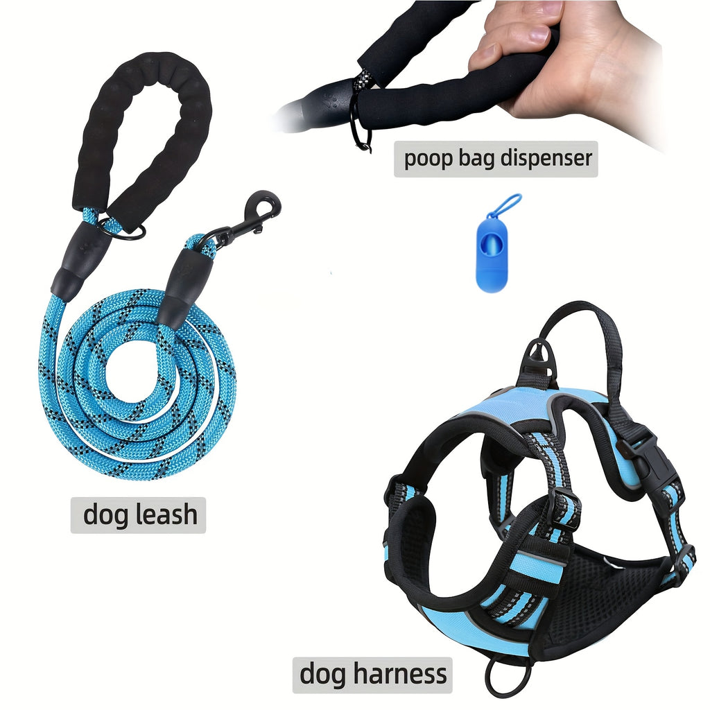Dog Harness Set 3-in-1 with Reflective Walking Vest, Leash and Poop Bag Holder, Everyday Outdoor Walking Gear in Seven Colors with S to XL Size Options