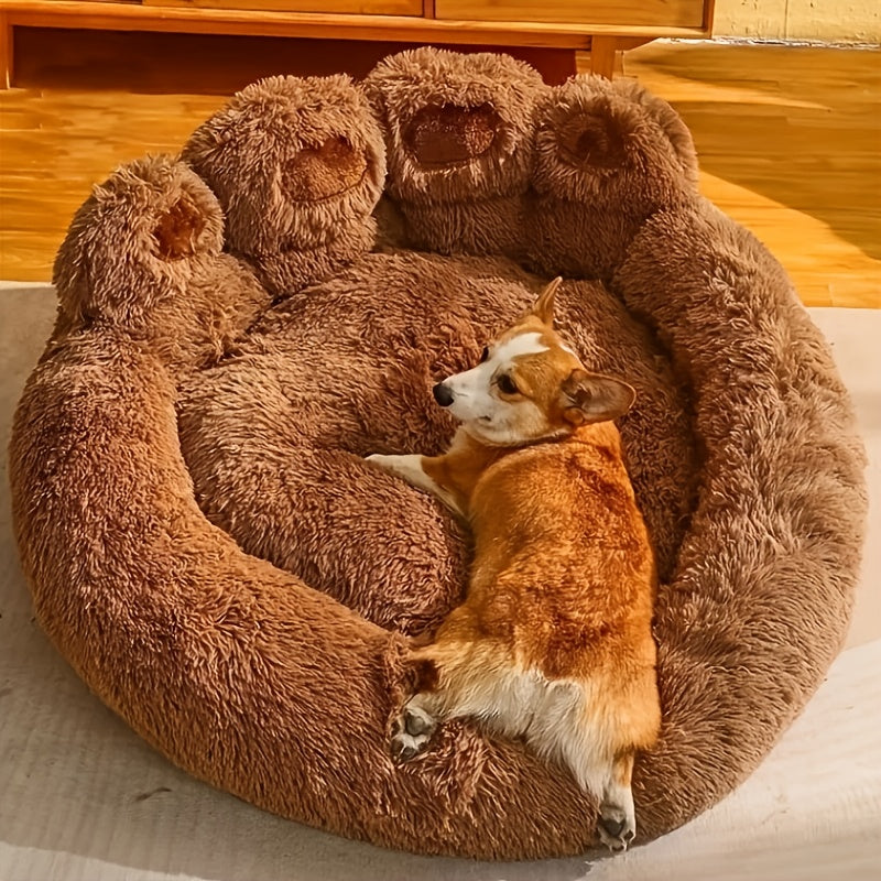 Dog Bed with Bear Paw Bolsters, Thick Plush Cat Sleeping Cushion with Non-Slip Bottom, Pink Grey or Coffee in 60cm, 70cm and 100cm Sizes