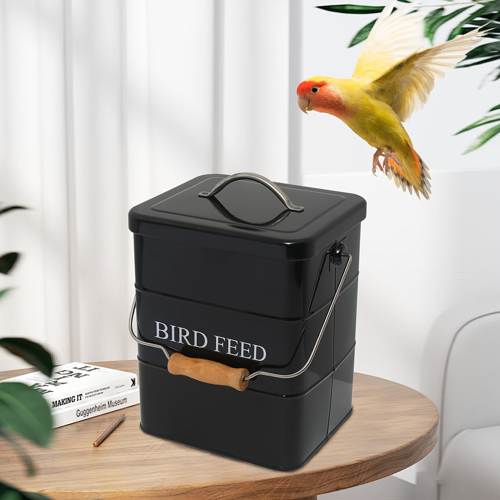 Bird Seed Storage Tin with Lid, Metal Bird Food Container in White or Black, Vintage Farmhouse Style Bucket for Organized Feeding Supplies at Home