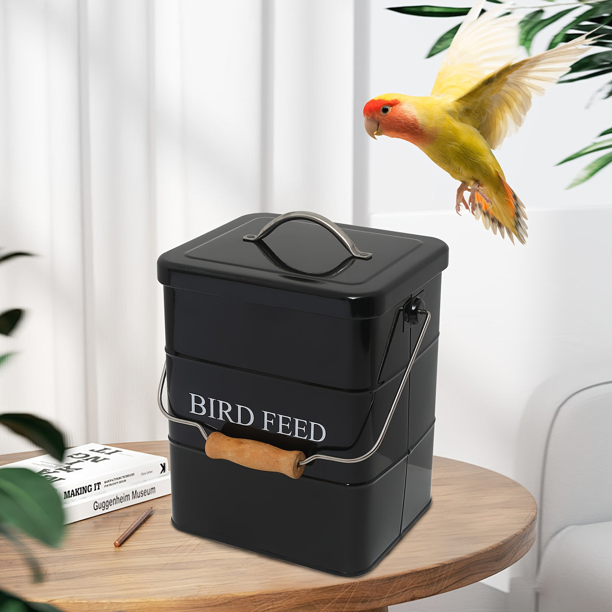 Bird Seed Storage Tin with Lid, Metal Bird Food Container in White or Black, Vintage Farmhouse Style Bucket for Organized Feeding Supplies at Home