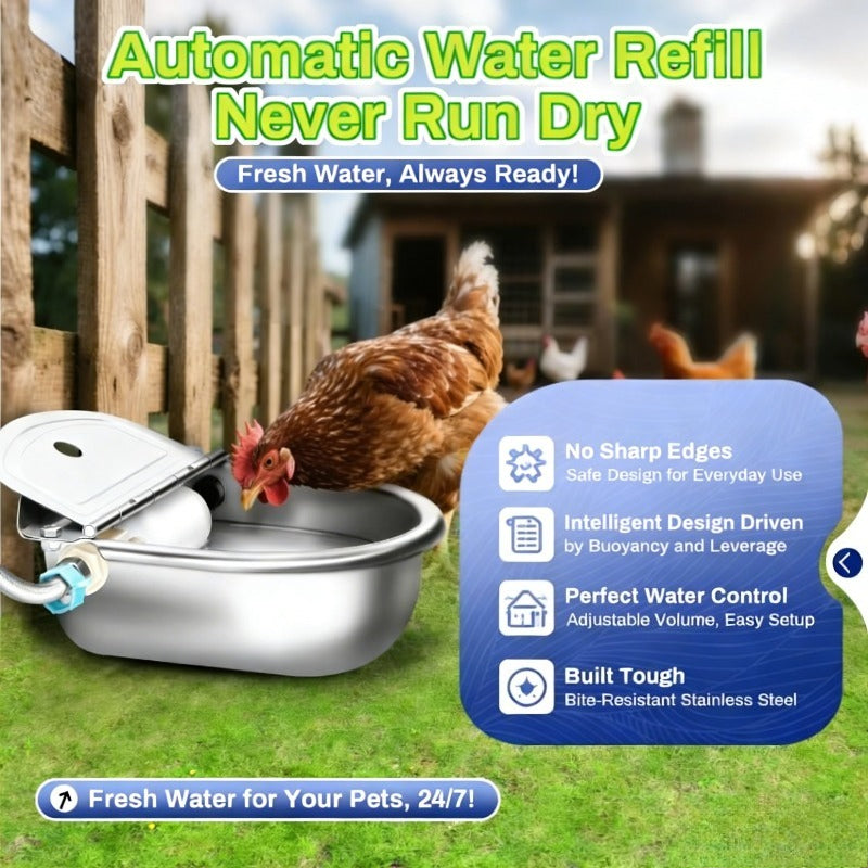 Self-Filling Animal Water Bowl 2.5L, 304 Stainless Steel Wall-Mounted Float Valve Waterer for Outdoor Dogs, Horses, Goats, Cows and Chickens