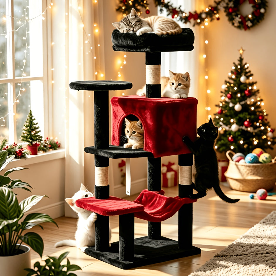 Cat Climbing Tower 44 Inch Multi-Level, Cat Activity Tree with Large Hammock, Enclosed Condo, Top Perch, Natural Sisal Scratch Posts and 2 Hanging Ball Toys for Multiple Cats