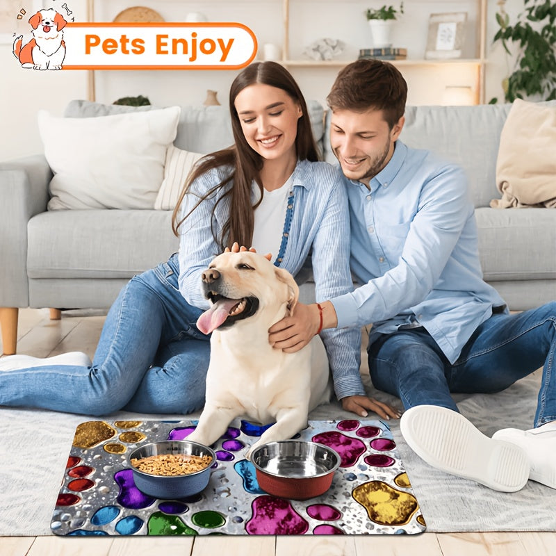 Absorbent Pet Feeding Mat with Colorful Paw Pattern, Quick-Drying Non-Slip Food and Water Bowl Pad for Dogs, Cats and Multi-Pet Homes