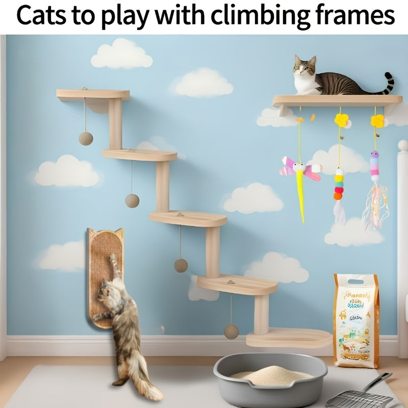 Cat Wall Climbing Frame with 3 or 5 Levels, Solid Wood Wall-Mounted Cat Furniture for Indoor Scratching and Play, Optional Hammock Combination
