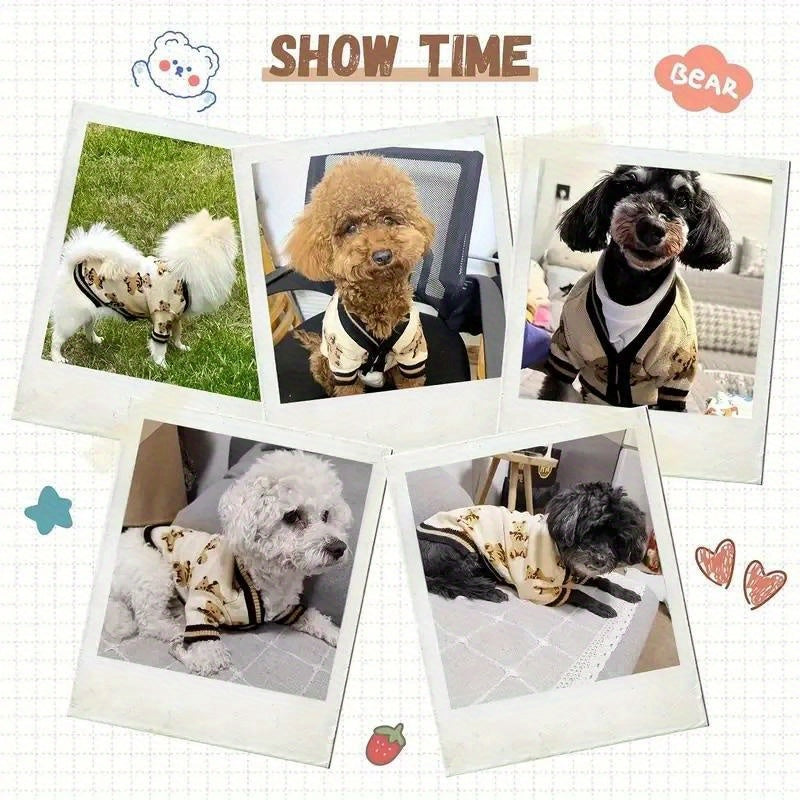 Bear Print Dog Cardigan Sweater with Button Closure, Beige Knit Pet Outfit with Contrast Ribbed Trim and Short Sleeves in M, L and XL Sizes