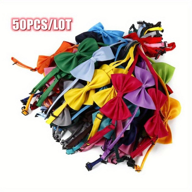 Pet Bow Tie Set 50 Pieces, Random Mixed Color Soft Fabric Dog and Cat Dress-Up Accessories for Grooming Finishes, Birthday Parties and Photo Sessions