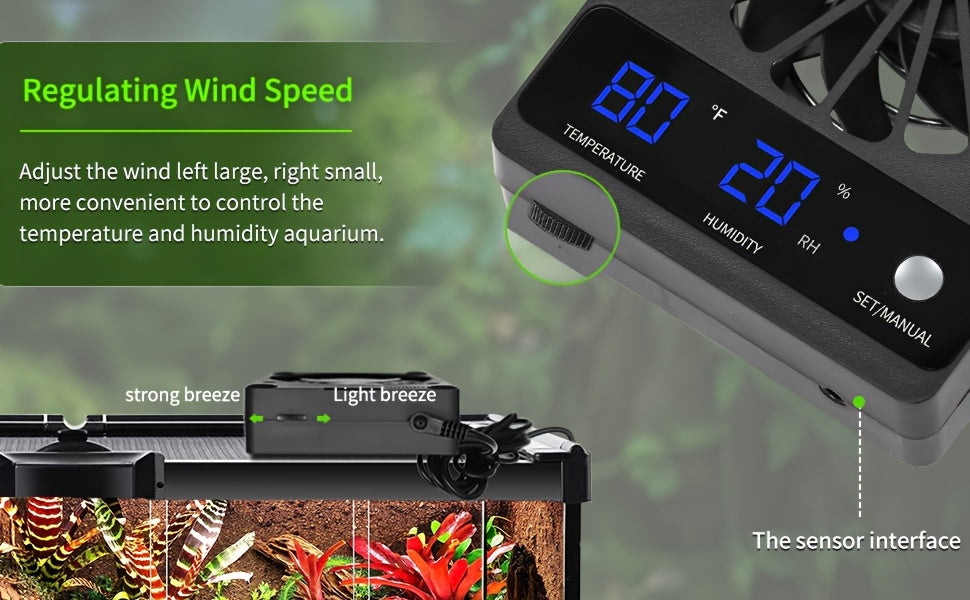 Reptile Climate Controller with Digital Thermometer and Hygrometer, Automatic Dehumidifying Ventilation Fan and High-Temperature Alarm for Terrariums
