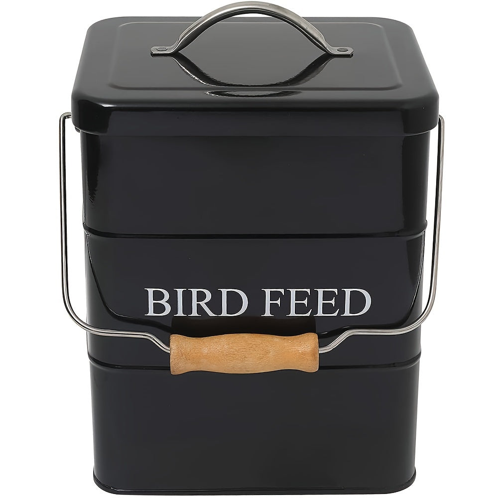 Bird Seed Storage Tin with Lid, Metal Bird Food Container in White or Black, Vintage Farmhouse Style Bucket for Organized Feeding Supplies at Home