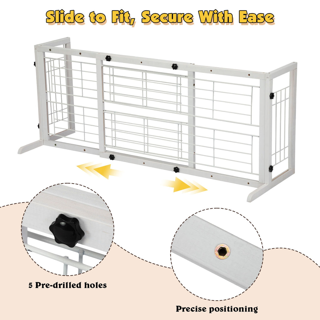 Wood Dog Gate with Sliding Width Adjustment, 38–71 Inch Freestanding Pinewood Pet Barrier with Wide Support Base for Indoor Doorways and Hallways