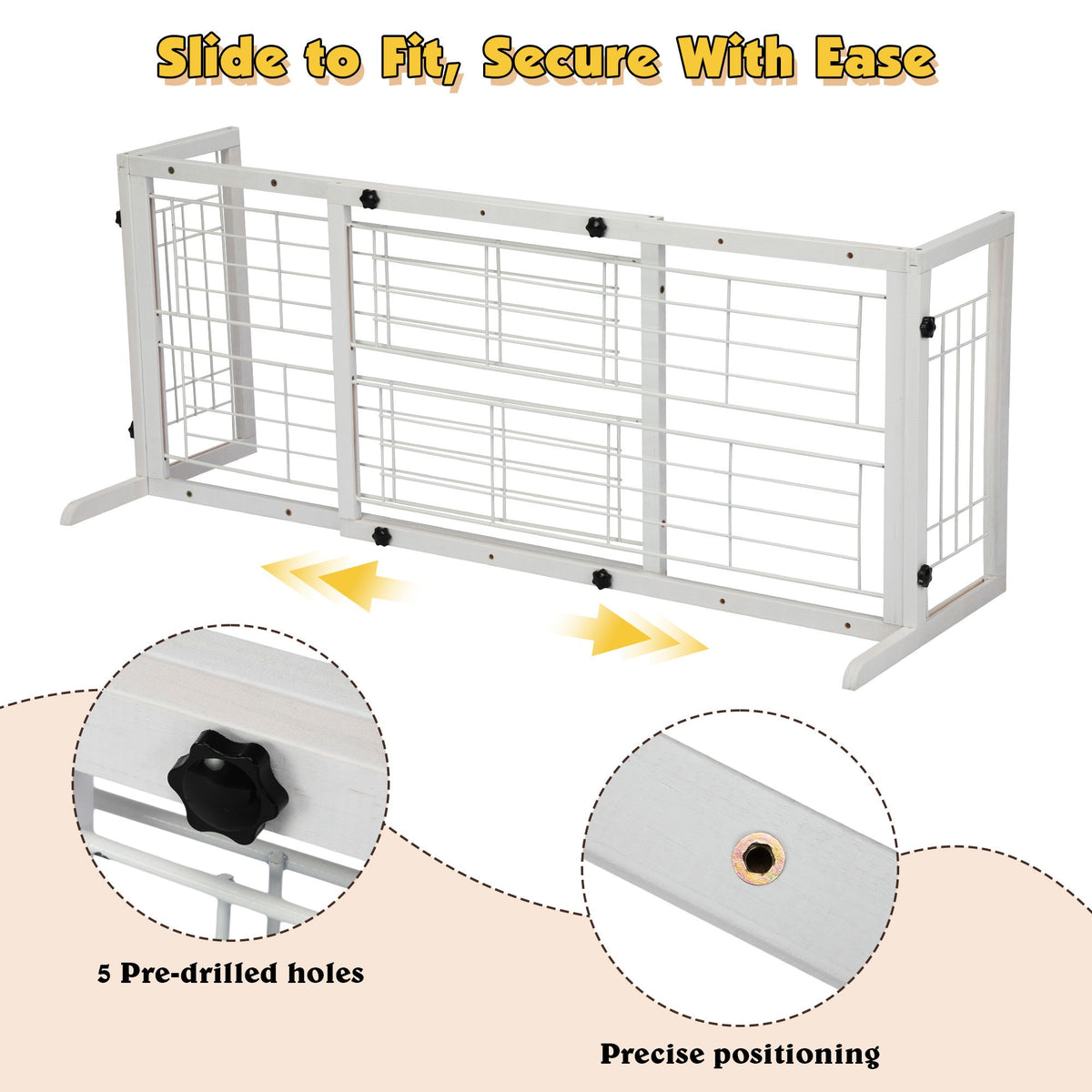 Wood Dog Gate with Sliding Width Adjustment, 38–71 Inch Freestanding Pinewood Pet Barrier with Wide Support Base for Indoor Doorways and Hallways