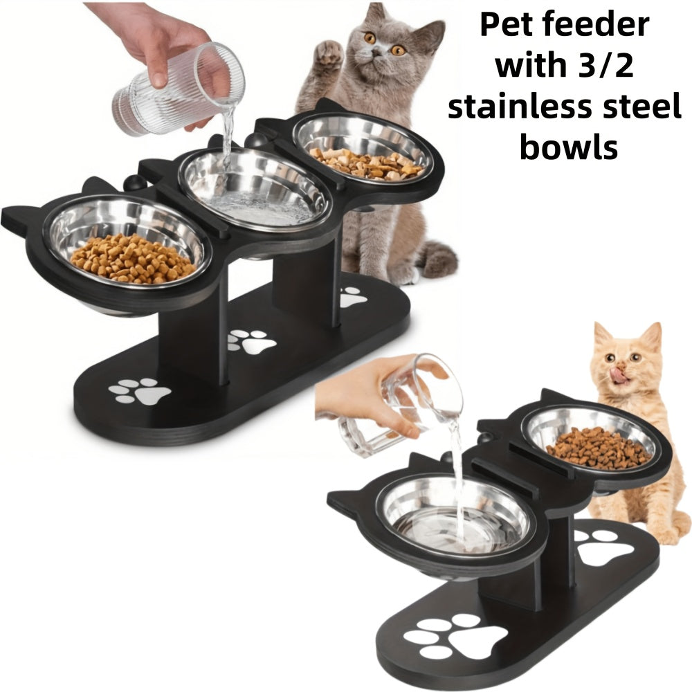 Elevated Cat Bowls with Black Wooden Stand, 15 Degree Tilted Adjustable Feeder with 2 or 3 Stainless Steel Dishes for Cat and Small Dog Food and Water