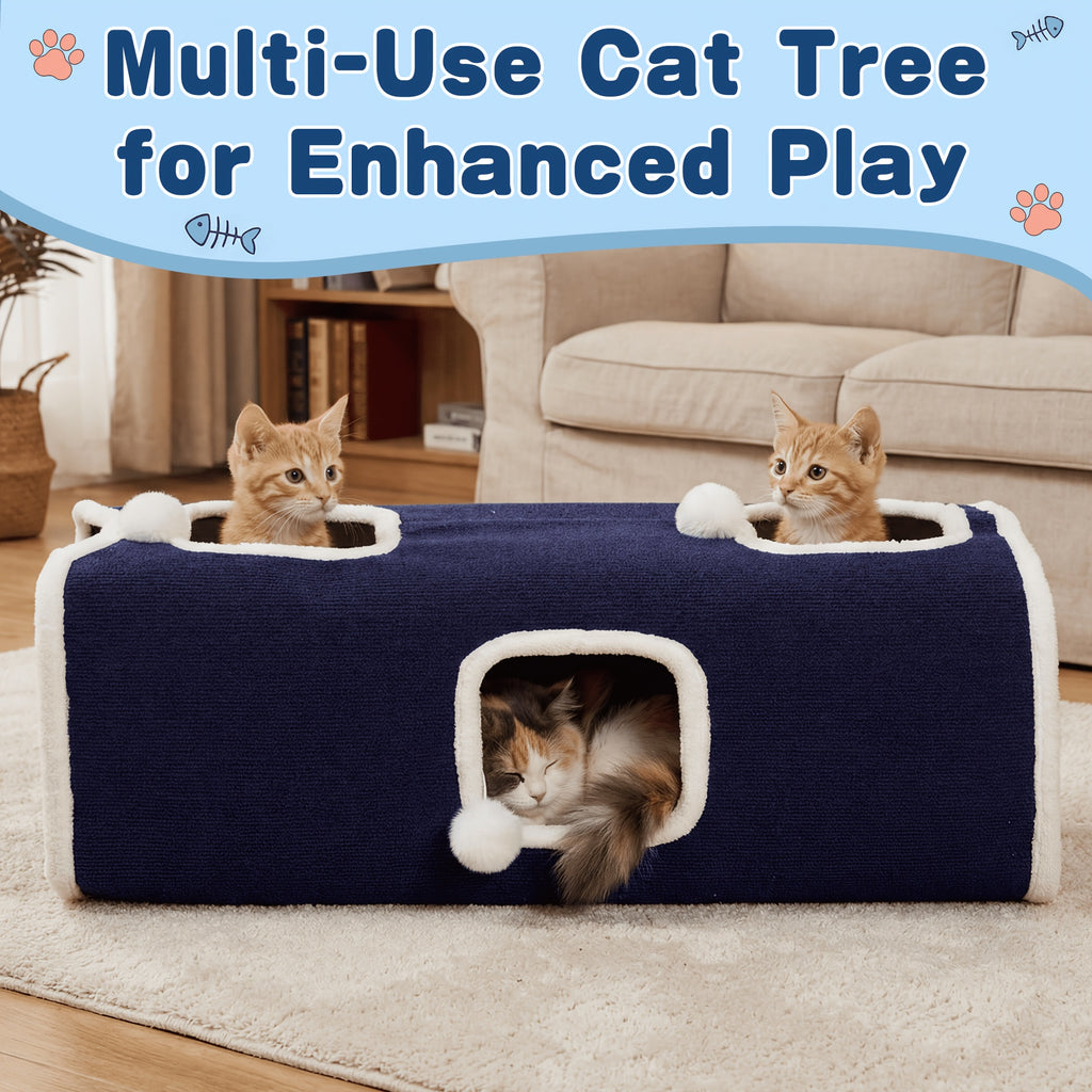 Cat Condo Bed with Hideaway Nests, Soft Lounging Platform and Hanging Ball Toys, Indoor Cat Furniture in Blue, Camel, Coffee or Beige