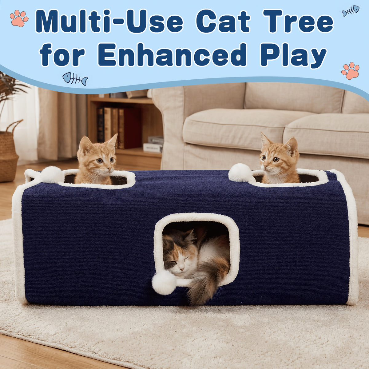 Cat Condo Bed with Hideaway Nests, Soft Lounging Platform and Hanging Ball Toys, Indoor Cat Furniture in Blue, Camel, Coffee or Beige