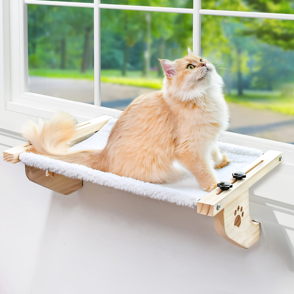 Cat Window Perch with Adjustable Wood and Metal Frame, Indoor Cat Hammock for Compatible Windowsills, Bedsides, Drawers and Cabinets