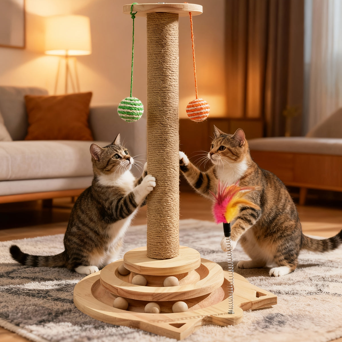 Interactive Cat Scratching Post with Double-Layer Ball Track and Feather Toys, M L XL Cat Scratcher and Replacement Pillar Options for Indoor Cats