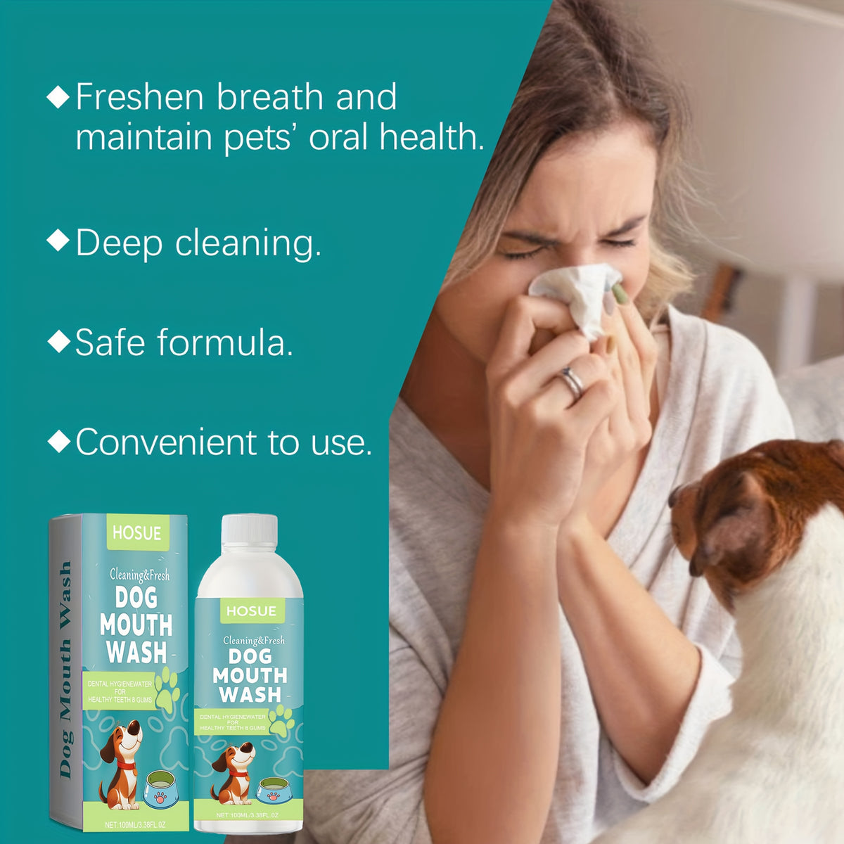 Dog Mouthwash with Peppermint Extract, 100ml 3.38 fl oz Oral Care Liquid for Fresh Breath and Label-Directed At-Home Canine Care Routines